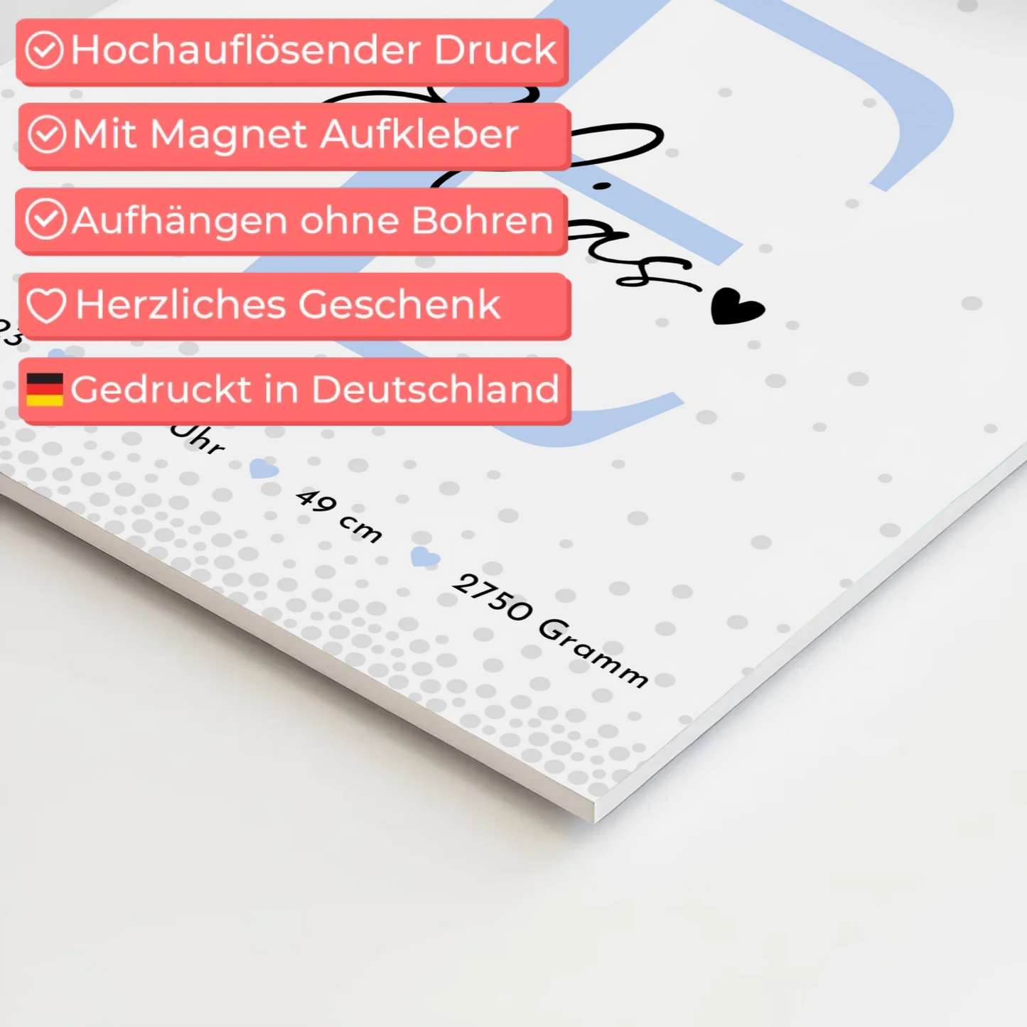 Fotoboard Magnet Poster zur Geburt Baby Fotocollage mit Geburtsdaten Magic Rain Muster