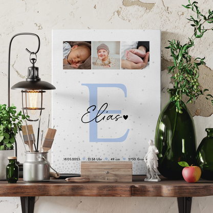 Wandbild Fotocollage zur Geburt mit Baby Geburtsdaten im Magic Rain Muster personalisiert 3