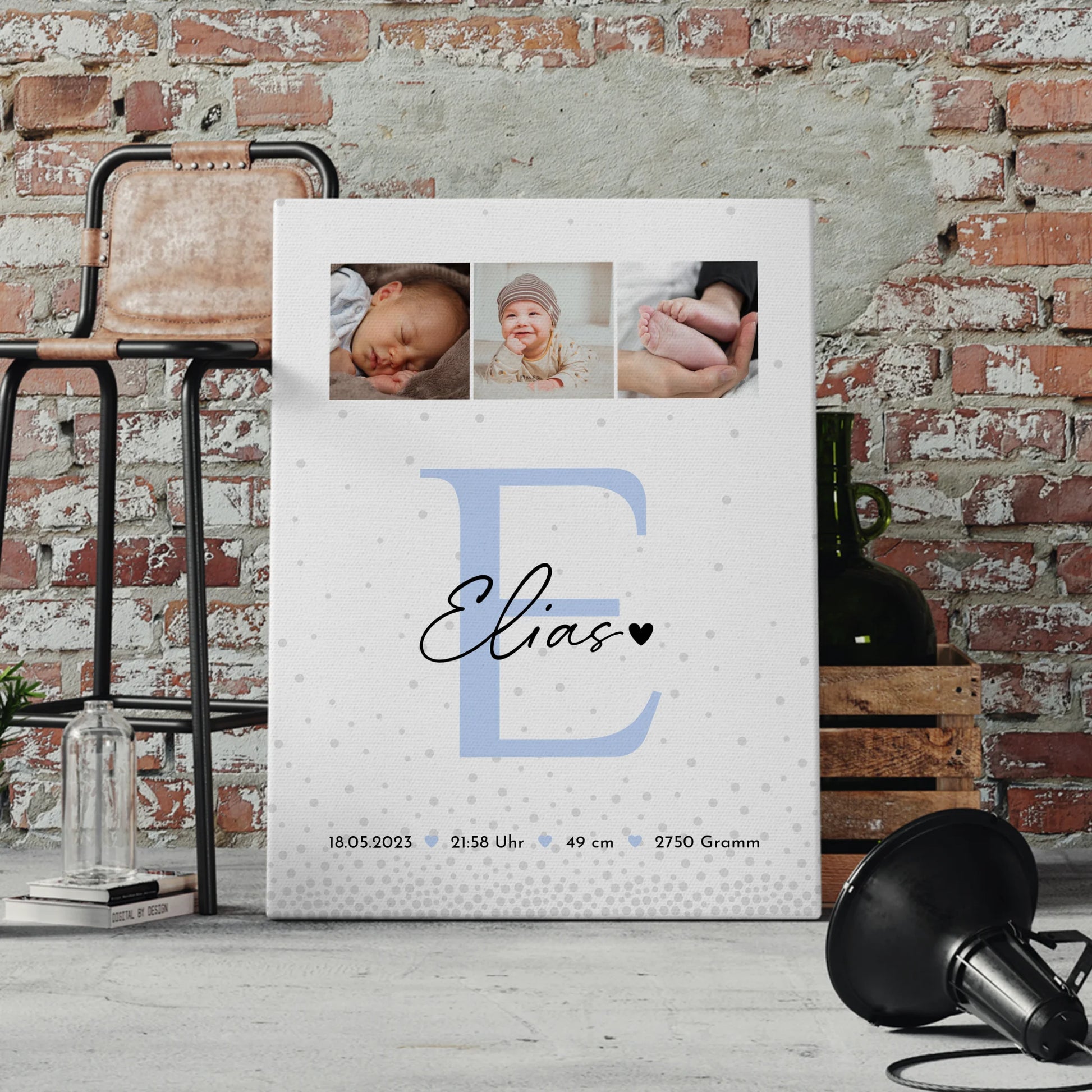 Wandbild Fotocollage zur Geburt mit Baby Geburtsdaten im Magic Rain Muster personalisiert 4