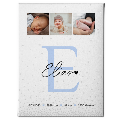 Wandbild Fotocollage zur Geburt mit Baby Geburtsdaten im Magic Rain Muster personalisiert 1