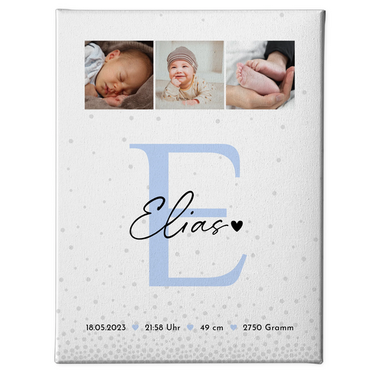 Wandbild Fotocollage zur Geburt mit Baby Geburtsdaten im Magic Rain Muster personalisiert 1