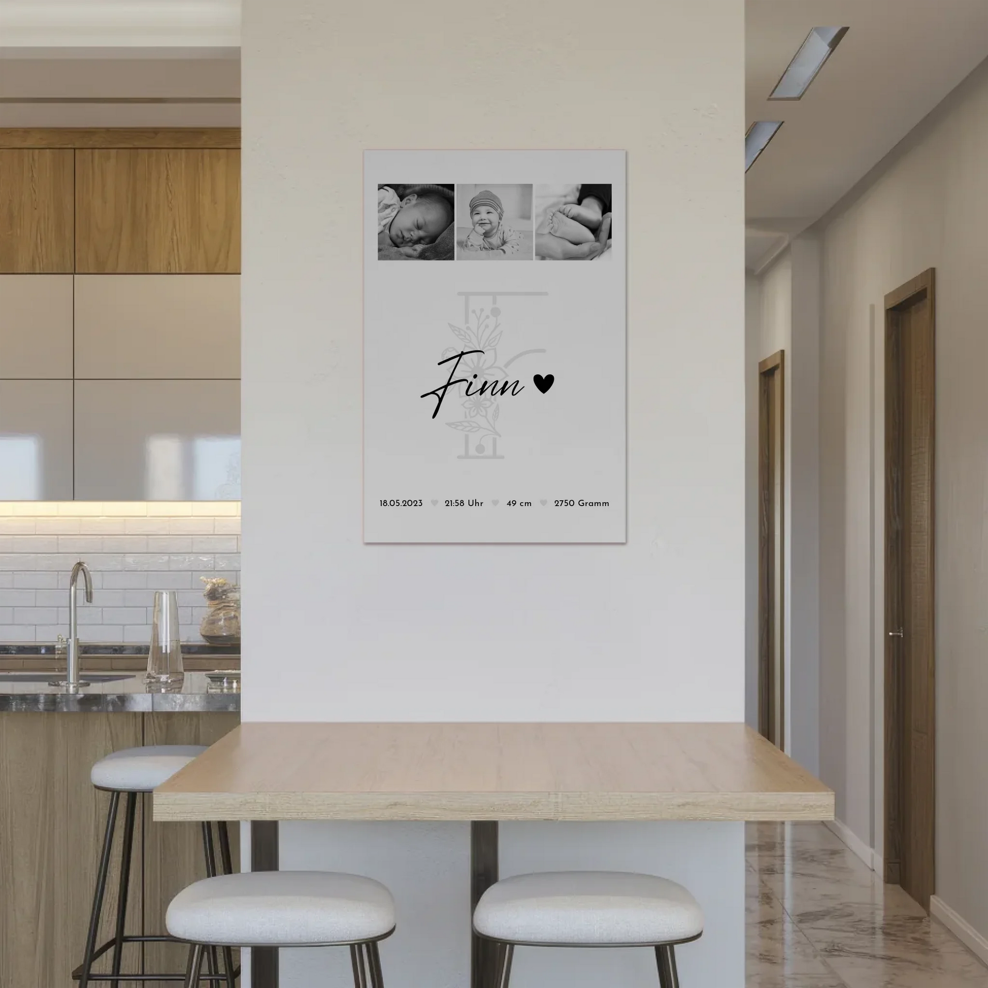 Magnetposter Baby-Fotocollage mit Geburtsdaten & Initial - Black & White 2