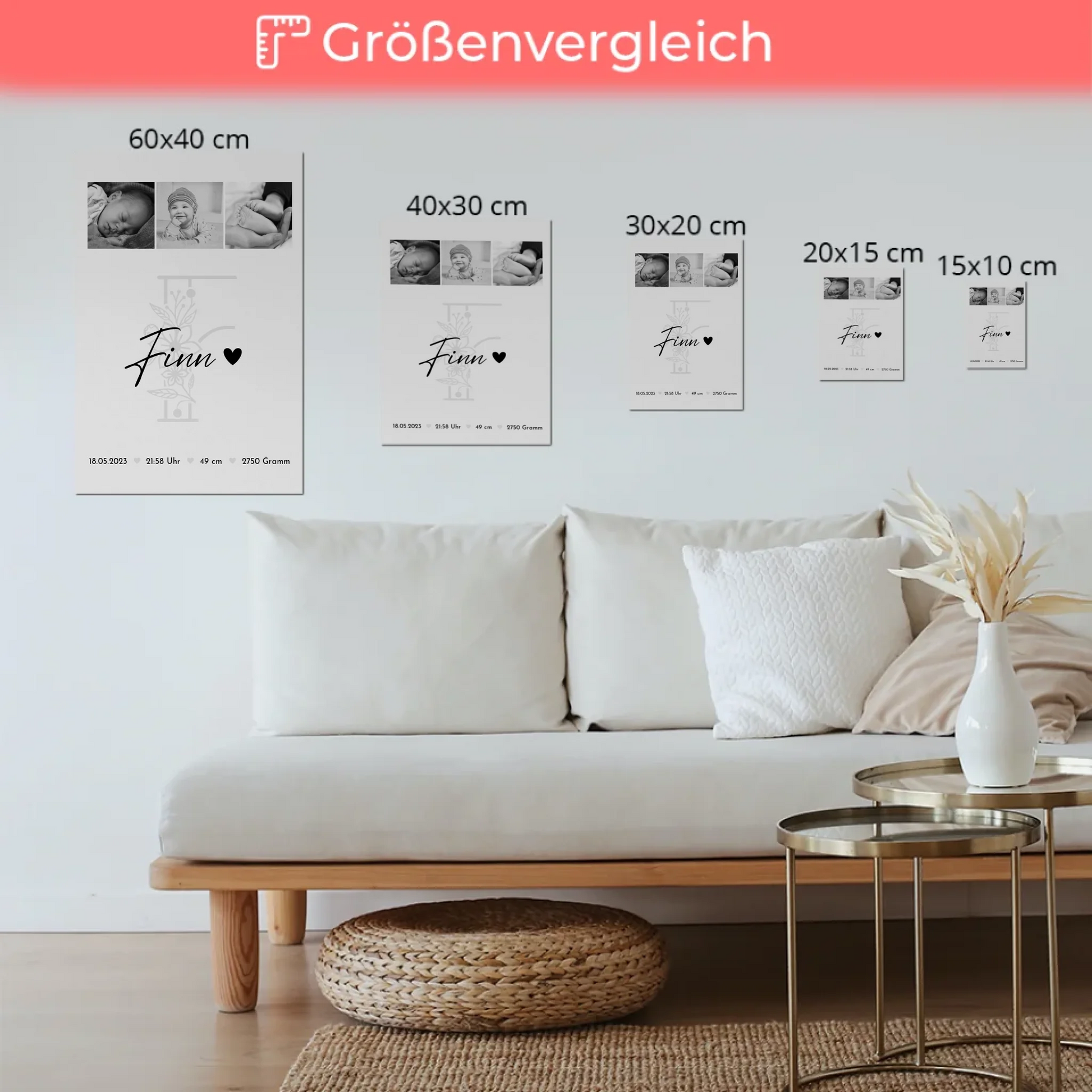 Magnetposter Baby-Fotocollage mit Geburtsdaten & Initial - Black & White 6