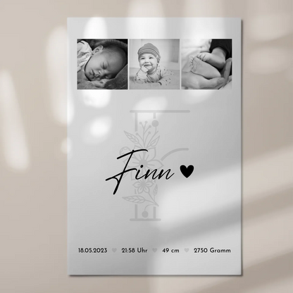 Magnetposter Baby-Fotocollage mit Geburtsdaten & Initial - Black & White