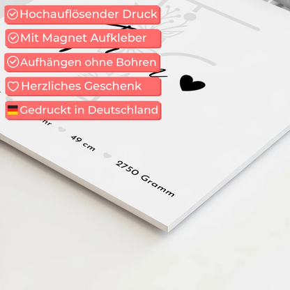 Magnetposter Baby-Fotocollage mit Geburtsdaten & Initial - Black & White