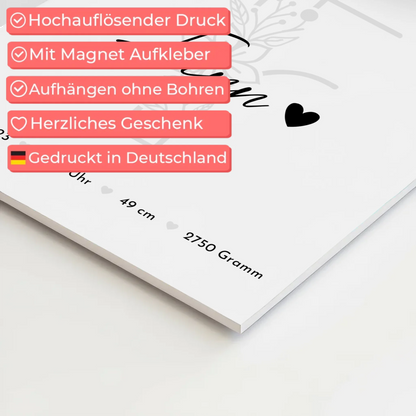 Magnetposter Baby-Fotocollage mit Geburtsdaten & Initial - Black & White