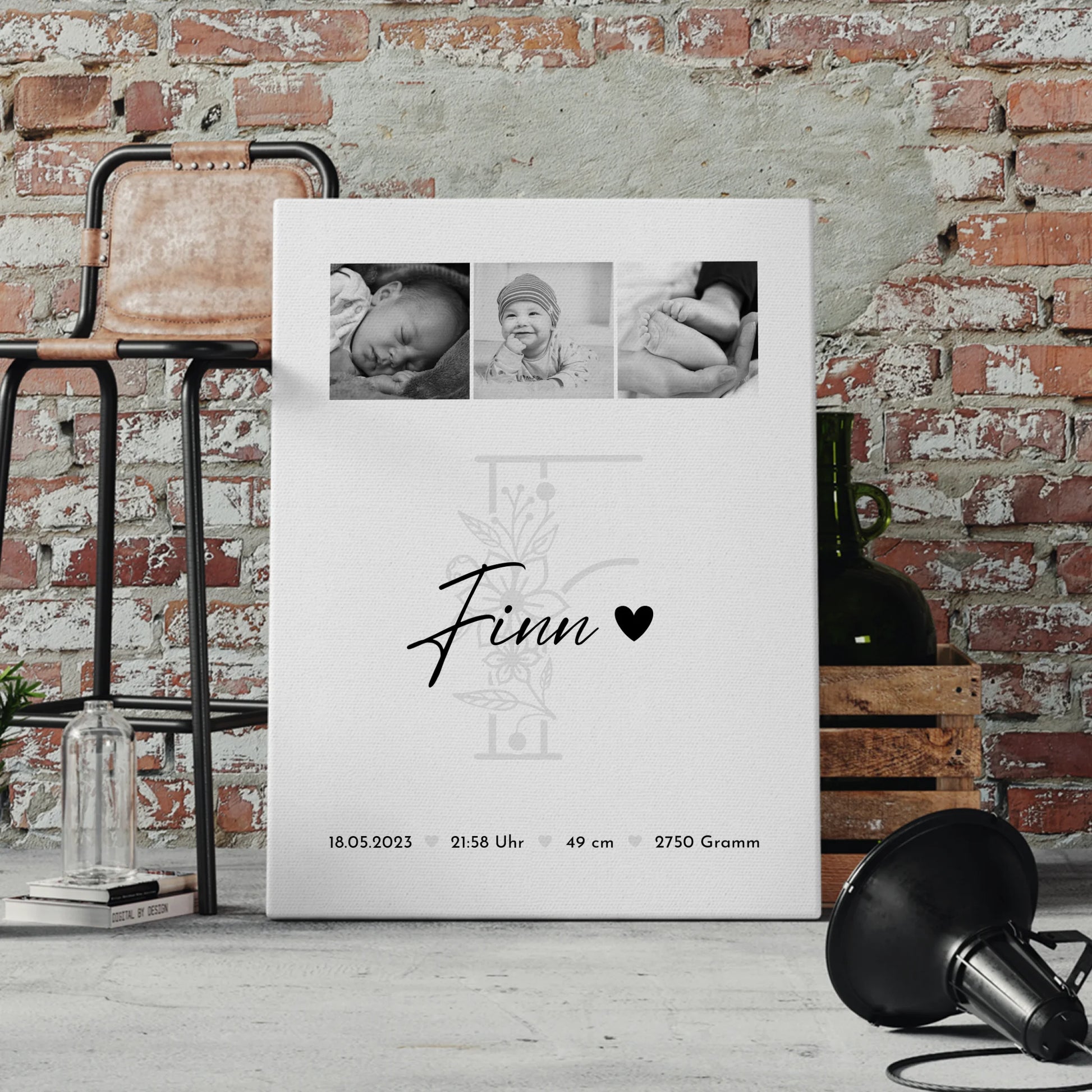 Leinwand Collagen Erstellen zur Geburt Baby Fotocollage mit Geburtsdaten Initial Black White 4