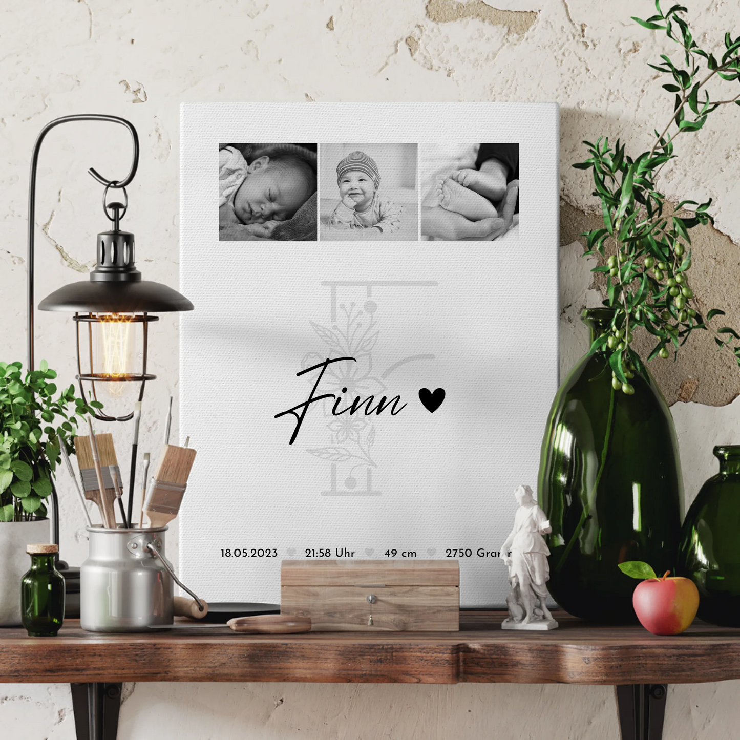 Leinwand Collagen Erstellen zur Geburt Baby Fotocollage mit Geburtsdaten Initial Black White 3