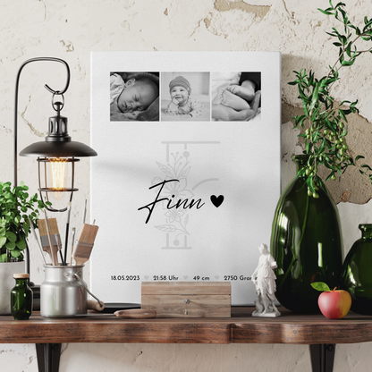 Leinwand Collagen Erstellen zur Geburt Baby Fotocollage mit Geburtsdaten Initial Black White 3