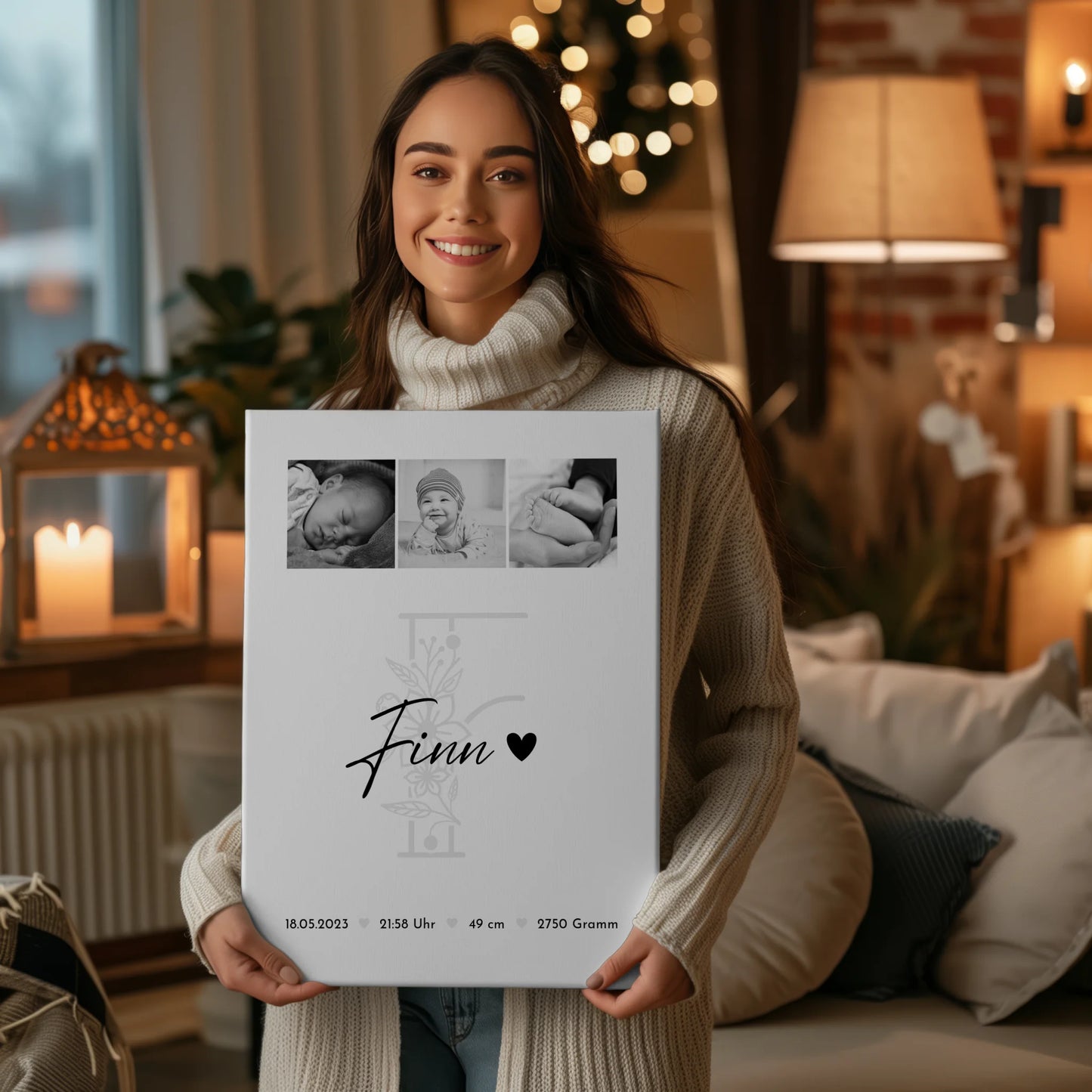 Leinwand Collagen Erstellen zur Geburt Baby Fotocollage mit Geburtsdaten Initial Black White 2
