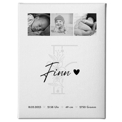 Leinwand Collagen Erstellen zur Geburt Baby Fotocollage mit Geburtsdaten Initial Black White 1