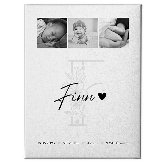 Leinwand Collagen Erstellen zur Geburt Baby Fotocollage mit Geburtsdaten Initial Black White 1