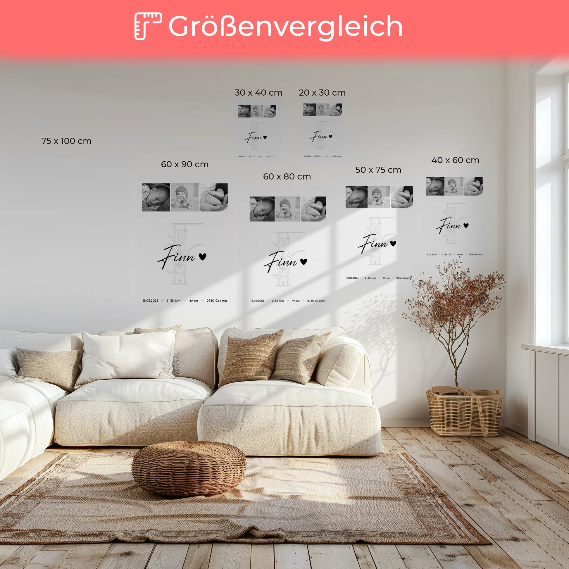 Leinwand Collagen Erstellen zur Geburt Baby Fotocollage mit Geburtsdaten Initial Black White 6