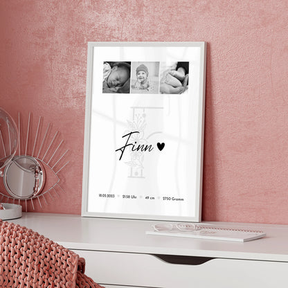 Geburtsdaten Poster Geburt Baby Fotocollage Geburtsdaten Initial Black & White Geschenk 5