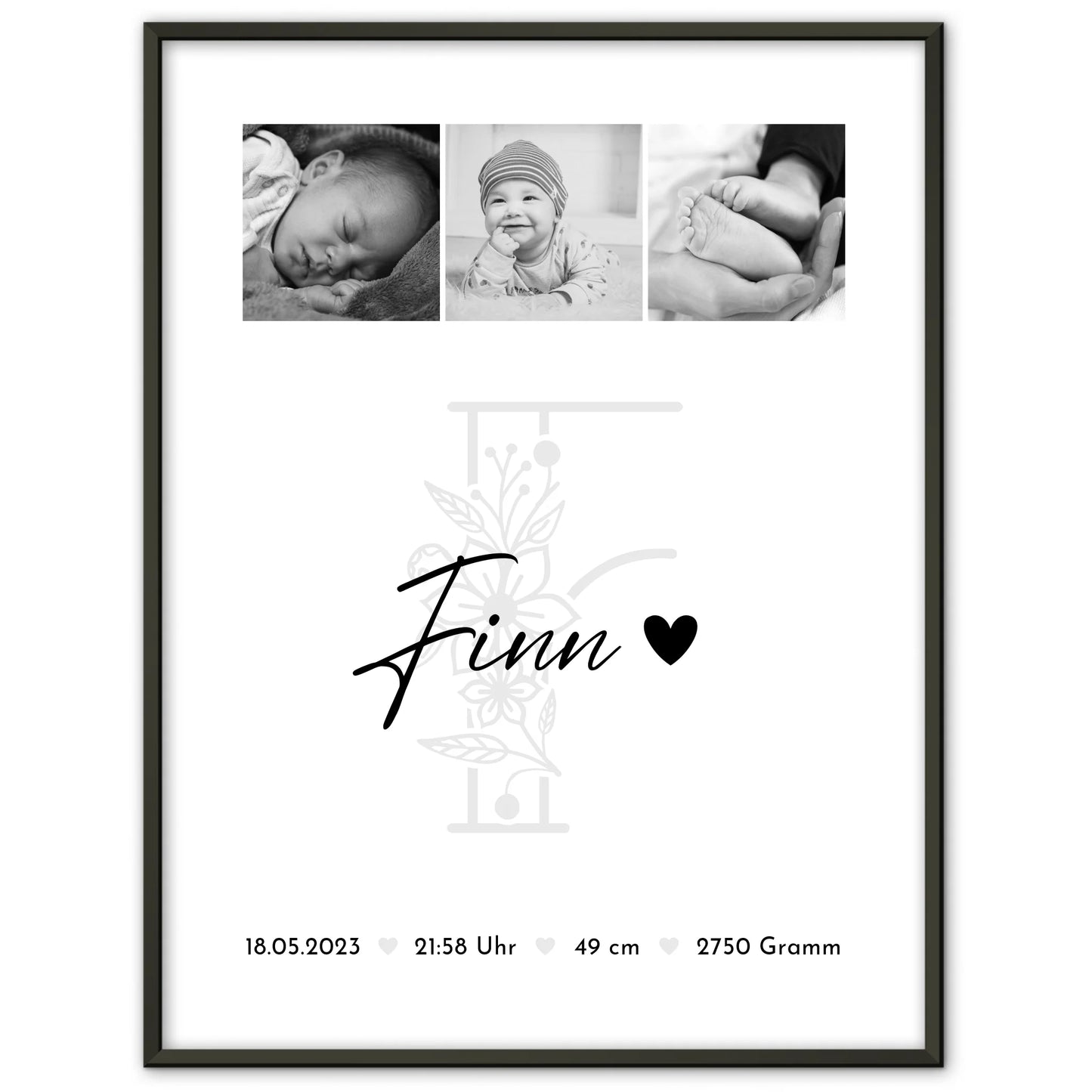 Geburtsdaten Poster Geburt Baby Fotocollage Geburtsdaten Initial Black & White Geschenk 1