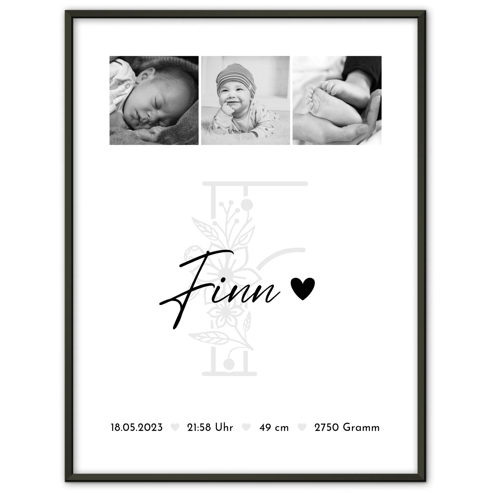 Geburtsdaten Poster Geburt Baby Fotocollage Geburtsdaten Initial Black & White Geschenk 1