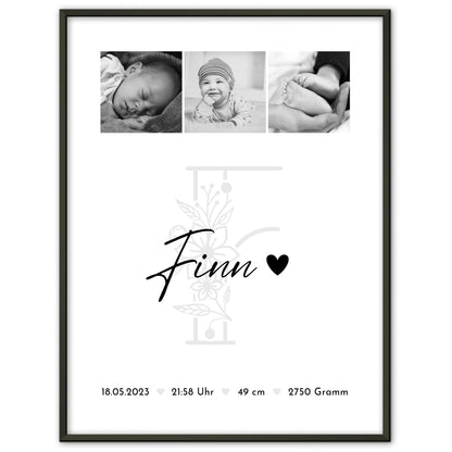 Geburtsdaten Poster Geburt Baby Fotocollage Geburtsdaten Initial Black & White Geschenk 1