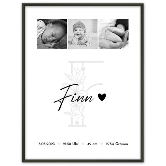 Geburtsdaten Poster Geburt Baby Fotocollage Geburtsdaten Initial Black & White Geschenk 1