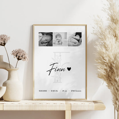 Geburtsdaten Poster Geburt Baby Fotocollage Geburtsdaten Initial Black & White Geschenk 4