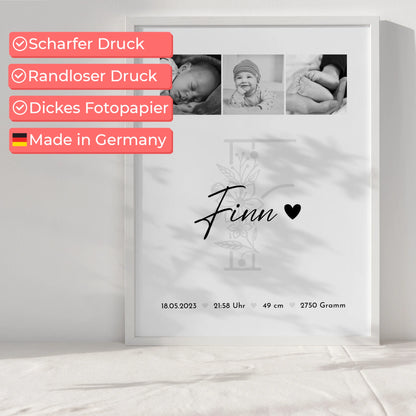 Geburtsdaten Poster Geburt Baby Fotocollage Geburtsdaten Initial Black & White Geschenk 6