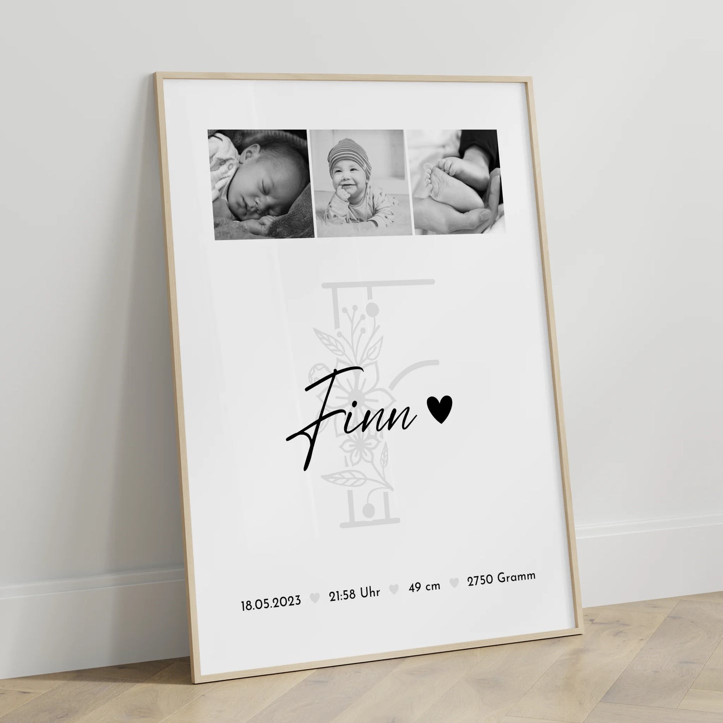 Geburtsdaten Poster Geburt Baby Fotocollage Geburtsdaten Initial Black & White Geschenk 3