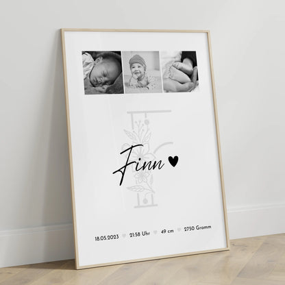 Geburtsdaten Poster Geburt Baby Fotocollage Geburtsdaten Initial Black & White Geschenk 3