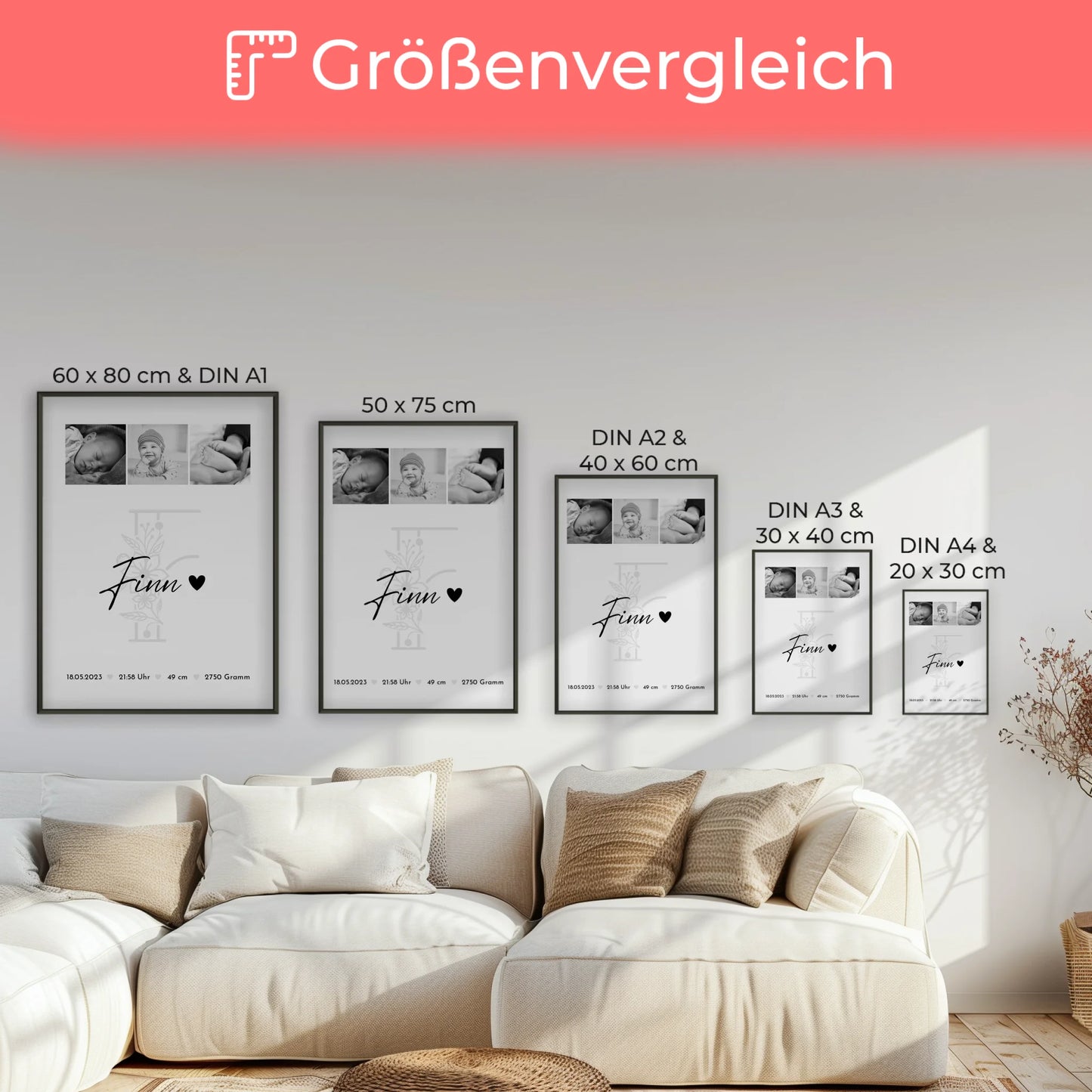 Geburtsdaten Poster Geburt Baby Fotocollage Geburtsdaten Initial Black & White Geschenk 7
