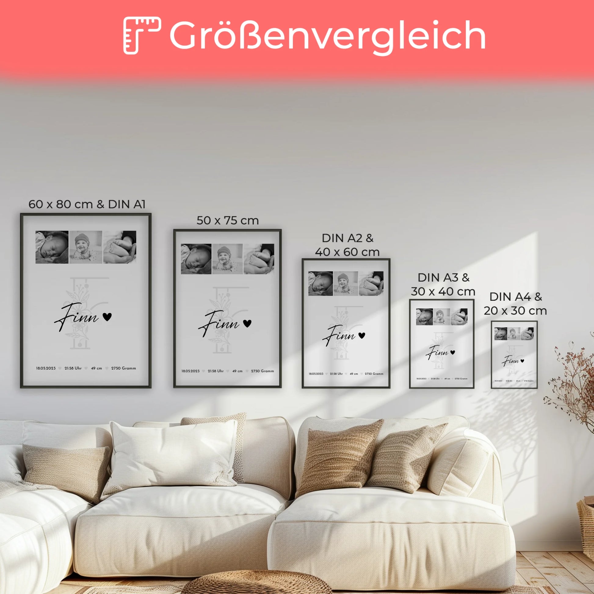 Geburtsdaten Poster Geburt Baby Fotocollage Geburtsdaten Initial Black & White Geschenk 7