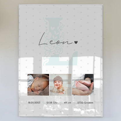 Foto Acrylglas zur Geburt mit Baby Geburtsdaten und Fotos personalisiert Sternchen Muster 1