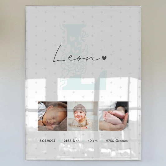 Foto Acrylglas zur Geburt mit Baby Geburtsdaten und Fotos personalisiert Sternchen Muster 1