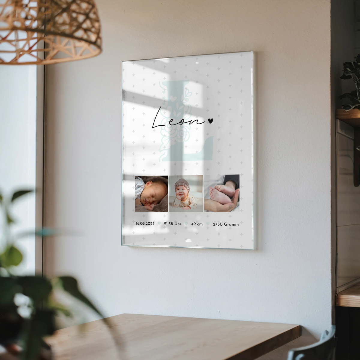 Foto Acrylglas zur Geburt mit Baby Geburtsdaten und Fotos personalisiert Sternchen Muster 4