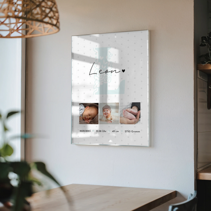 Foto Acrylglas zur Geburt mit Baby Geburtsdaten und Fotos personalisiert Sternchen Muster 4