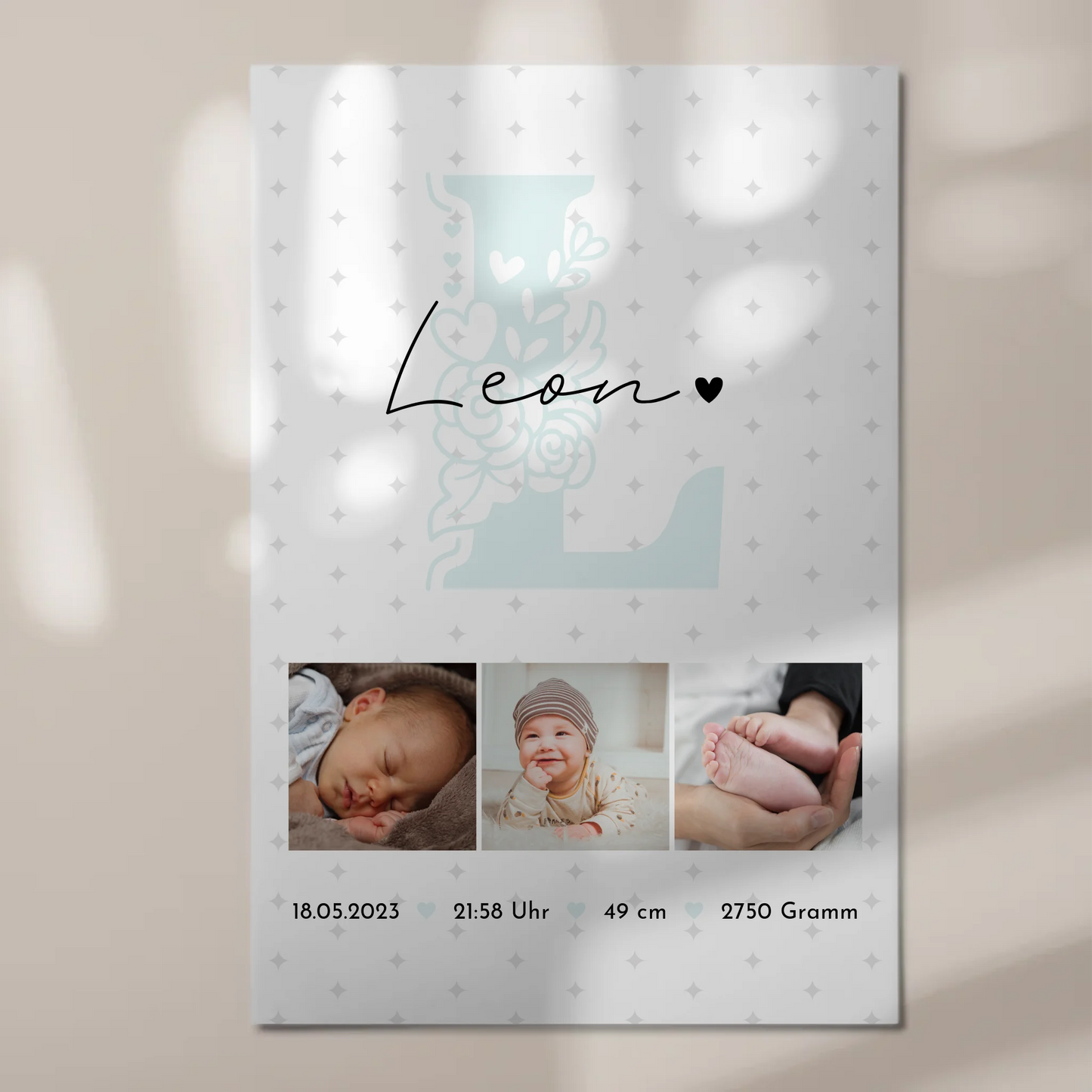 Fotoboard Magnet Poster zur Geburt mit Baby Geburtsdaten Fotos und Sternchen Muster personalisiert 1