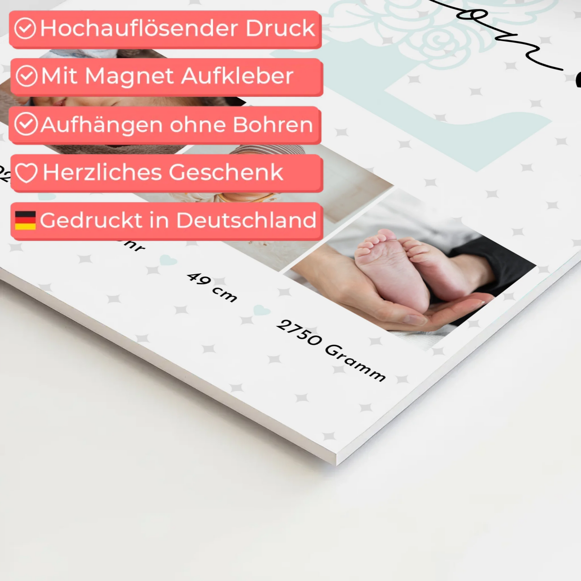 Fotoboard Magnet Poster zur Geburt mit Baby Geburtsdaten Fotos und Sternchen Muster personalisiert 4
