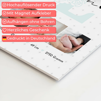 Fotoboard Magnet Poster zur Geburt mit Baby Geburtsdaten Fotos und Sternchen Muster personalisiert 10