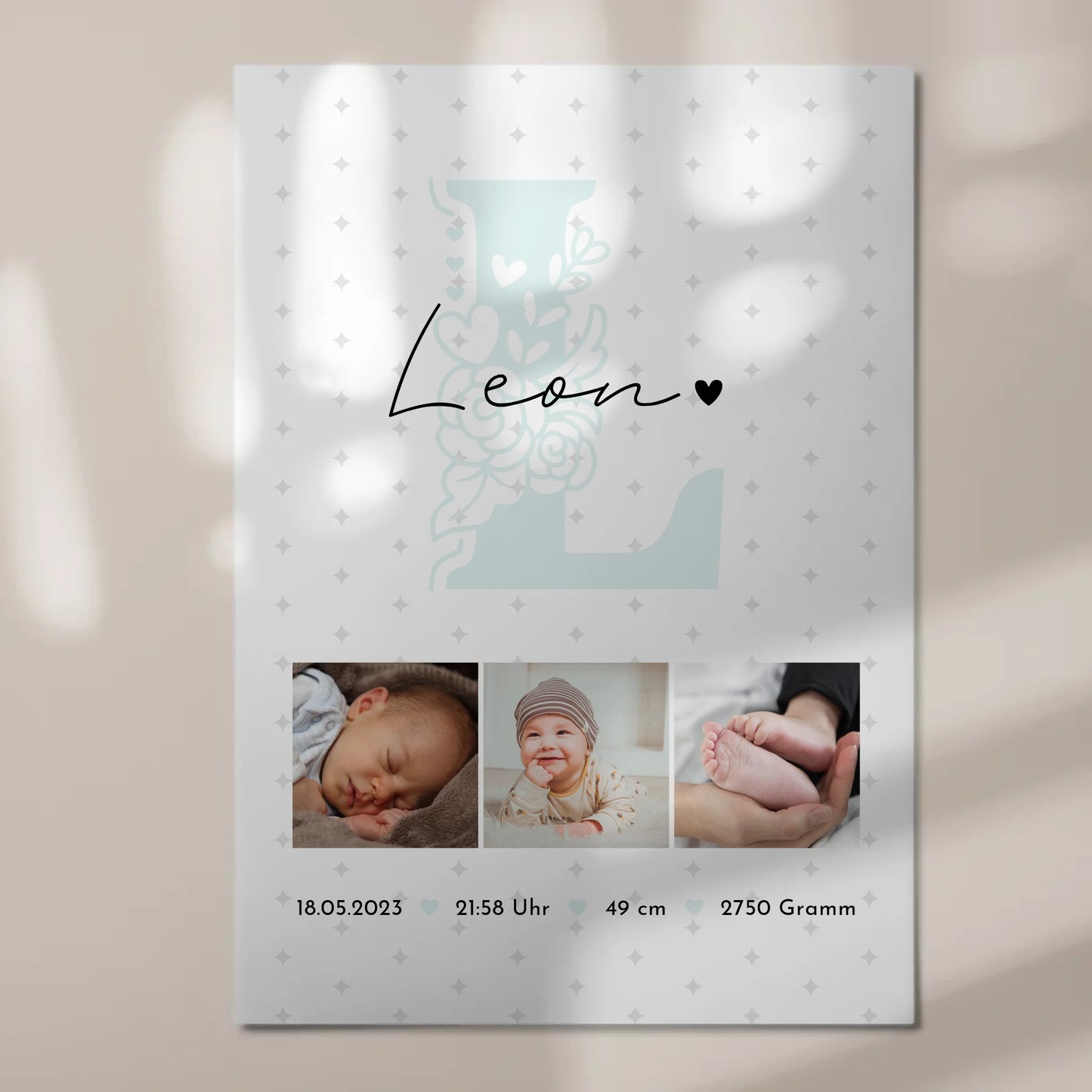 Fotoboard Magnet Poster zur Geburt mit Baby Geburtsdaten Fotos und Sternchen Muster personalisiert