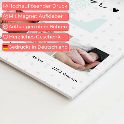 Fotoboard Magnet Poster zur Geburt mit Baby Geburtsdaten Fotos und Sternchen Muster personalisiert