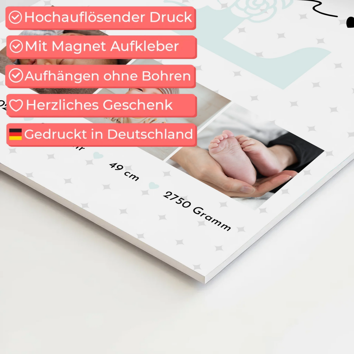 Fotoboard Magnet Poster zur Geburt mit Baby Geburtsdaten Fotos und Sternchen Muster personalisiert