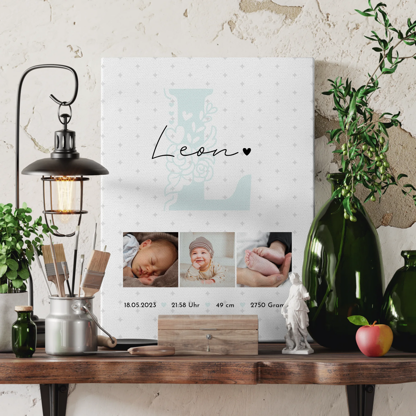 Leinwand Collagen Erstellen zur Geburt mit Baby Geburtsdaten Fotos und Sternchen Muster 3