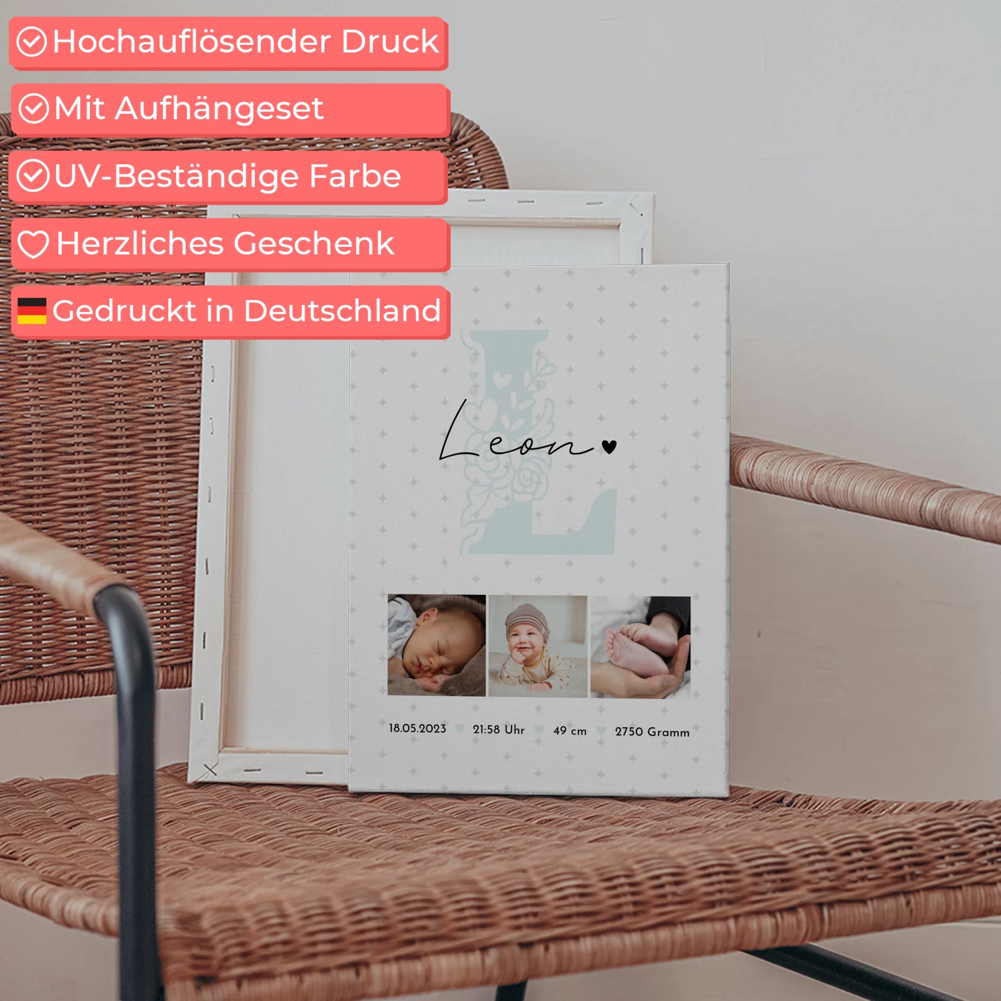Leinwand Collagen Erstellen zur Geburt mit Baby Geburtsdaten Fotos und Sternchen Muster 5