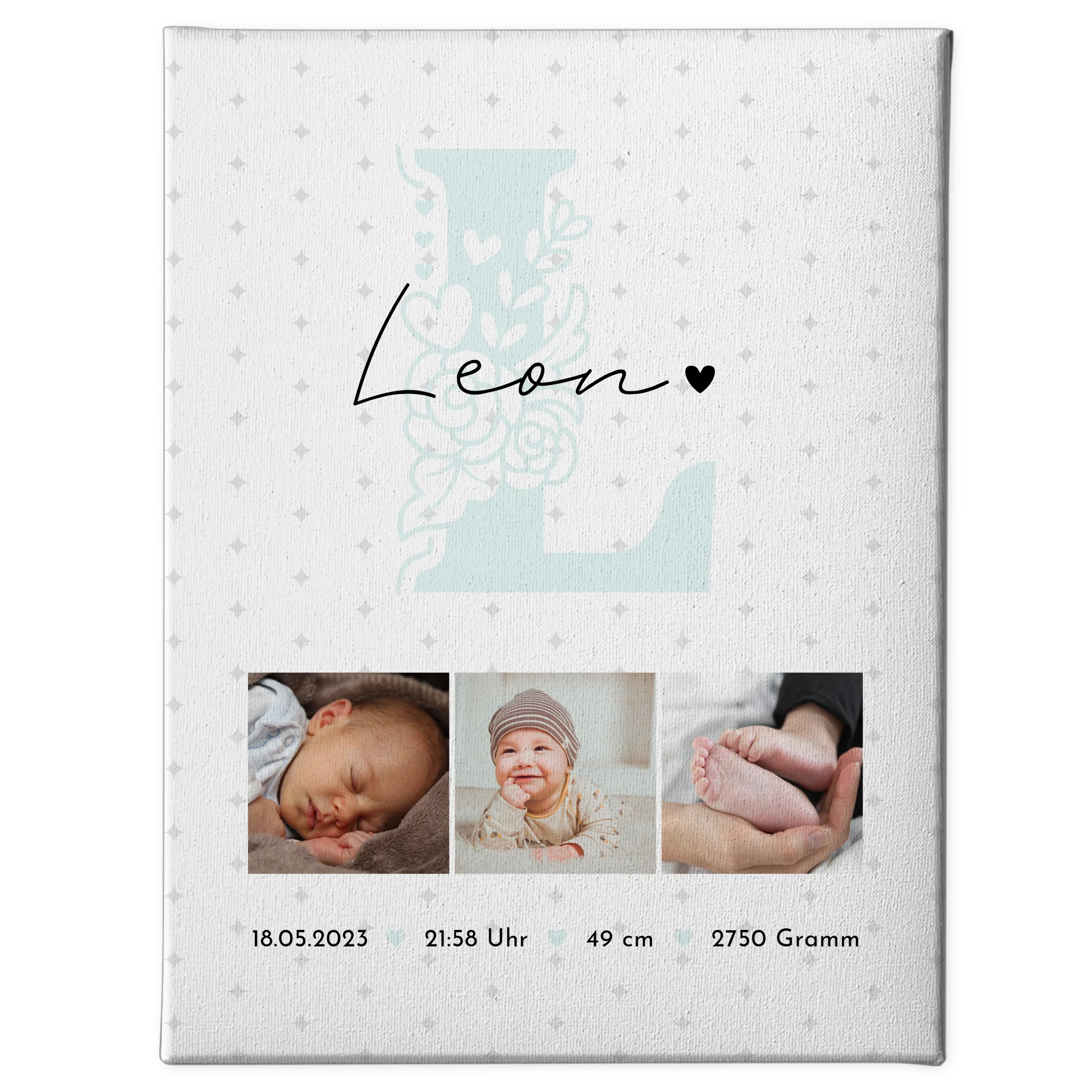 Leinwand Collagen Erstellen zur Geburt mit Baby Geburtsdaten Fotos und Sternchen Muster 1