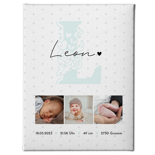 Leinwand Collagen Erstellen zur Geburt mit Baby Geburtsdaten Fotos und Sternchen Muster 1