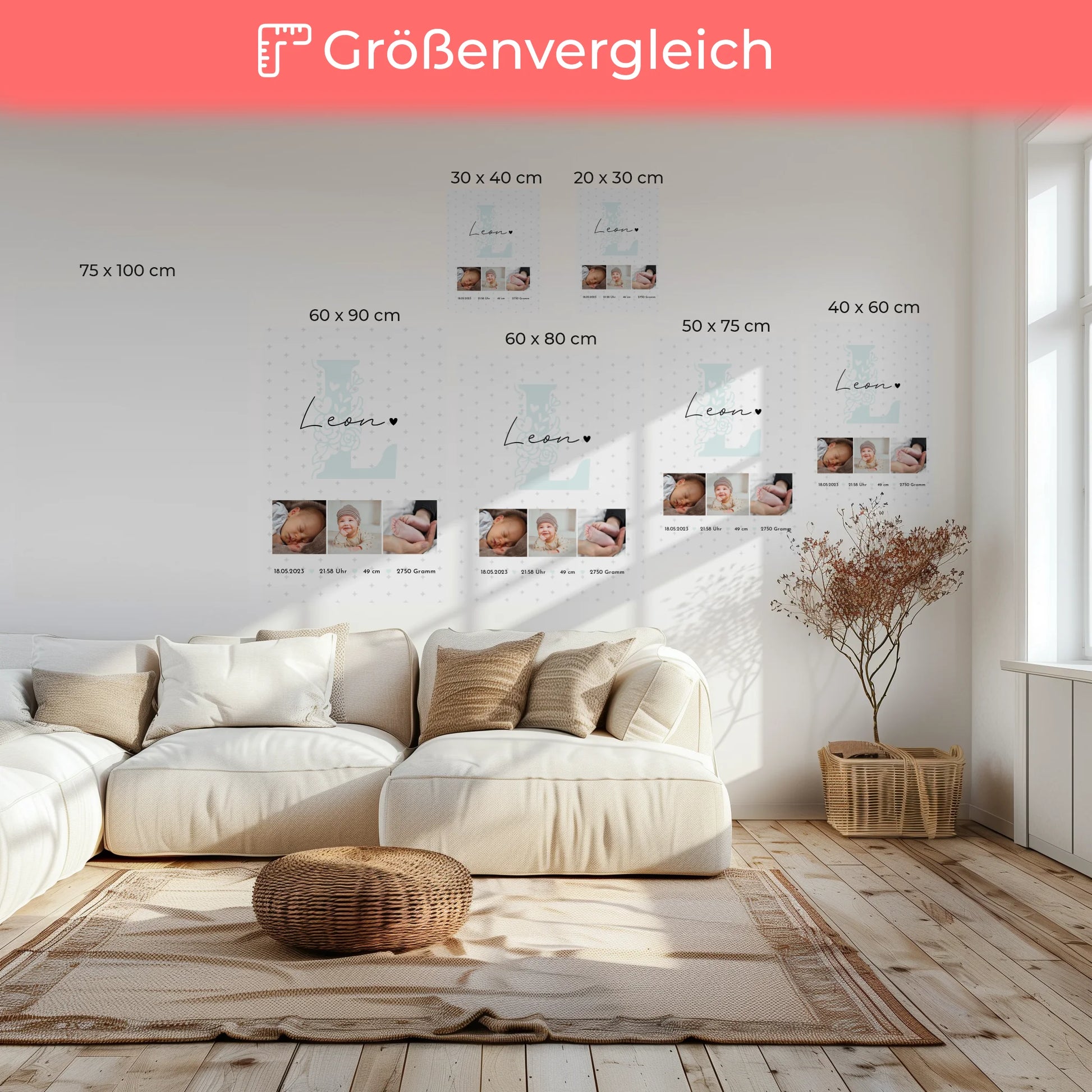 Leinwand Collagen Erstellen zur Geburt mit Baby Geburtsdaten Fotos und Sternchen Muster 6