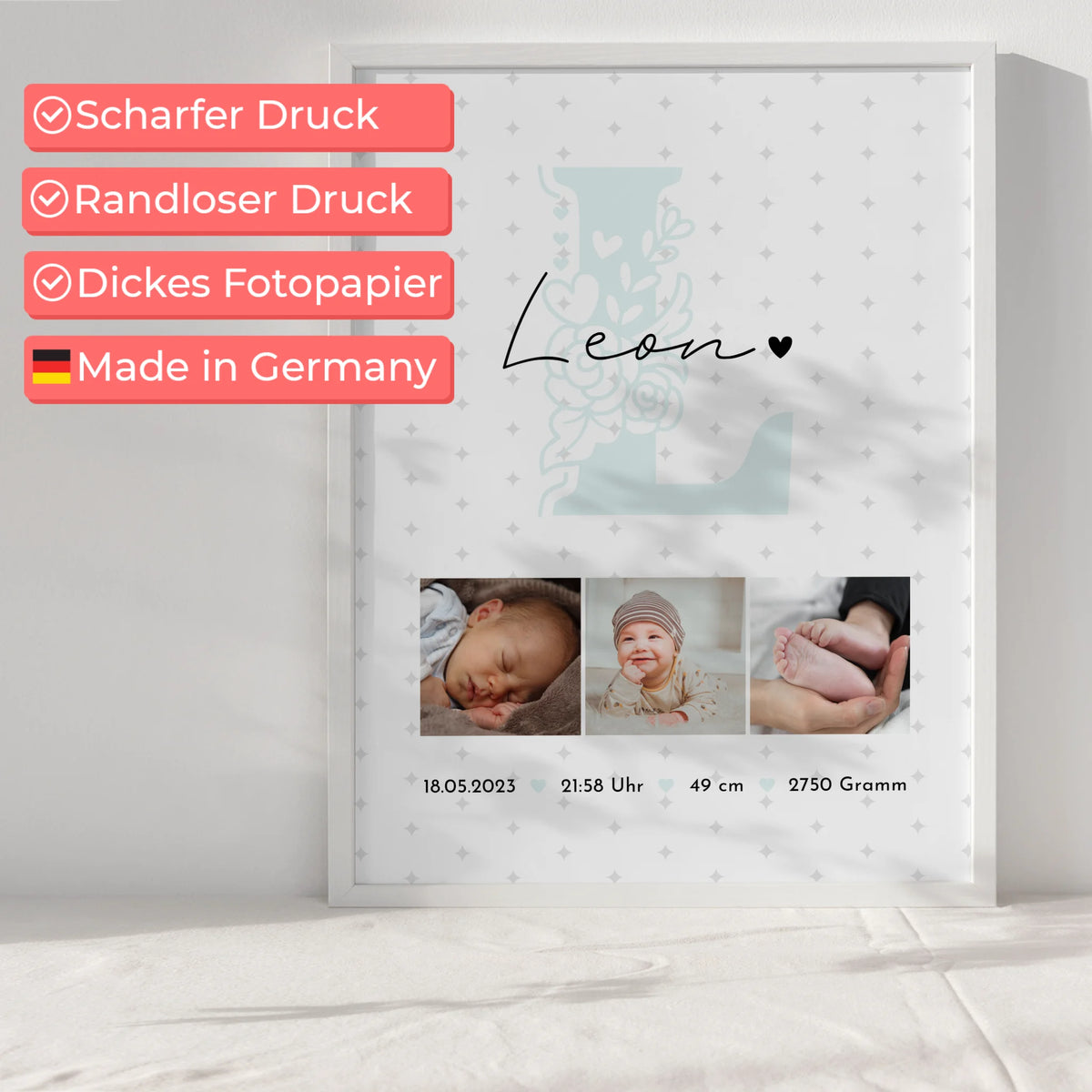 Poster Mit Geburtsdaten Baby Geburt personalisiert mit Fotos und Sternchen Muster Geschenk 6