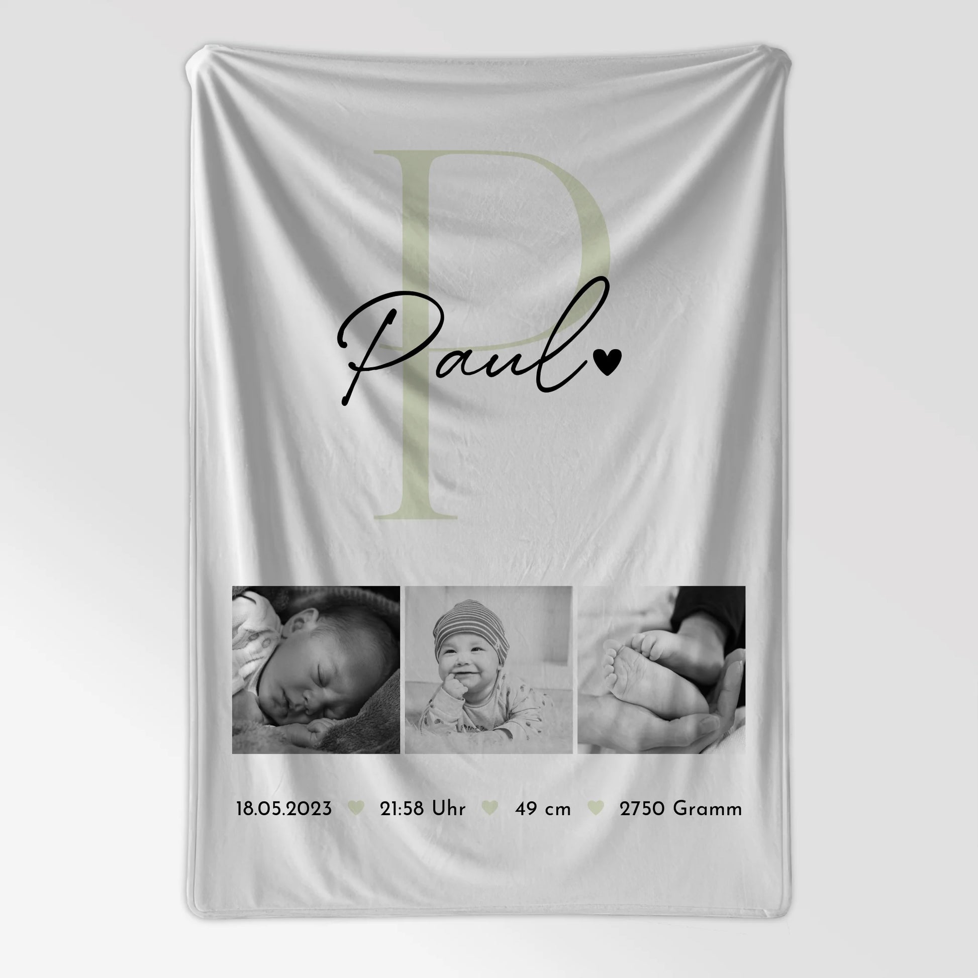 Babydecke zur Geburt mit Namen, Baby-Fotocollage und Geburtsdaten - Schwarz-Weiß-Design 7