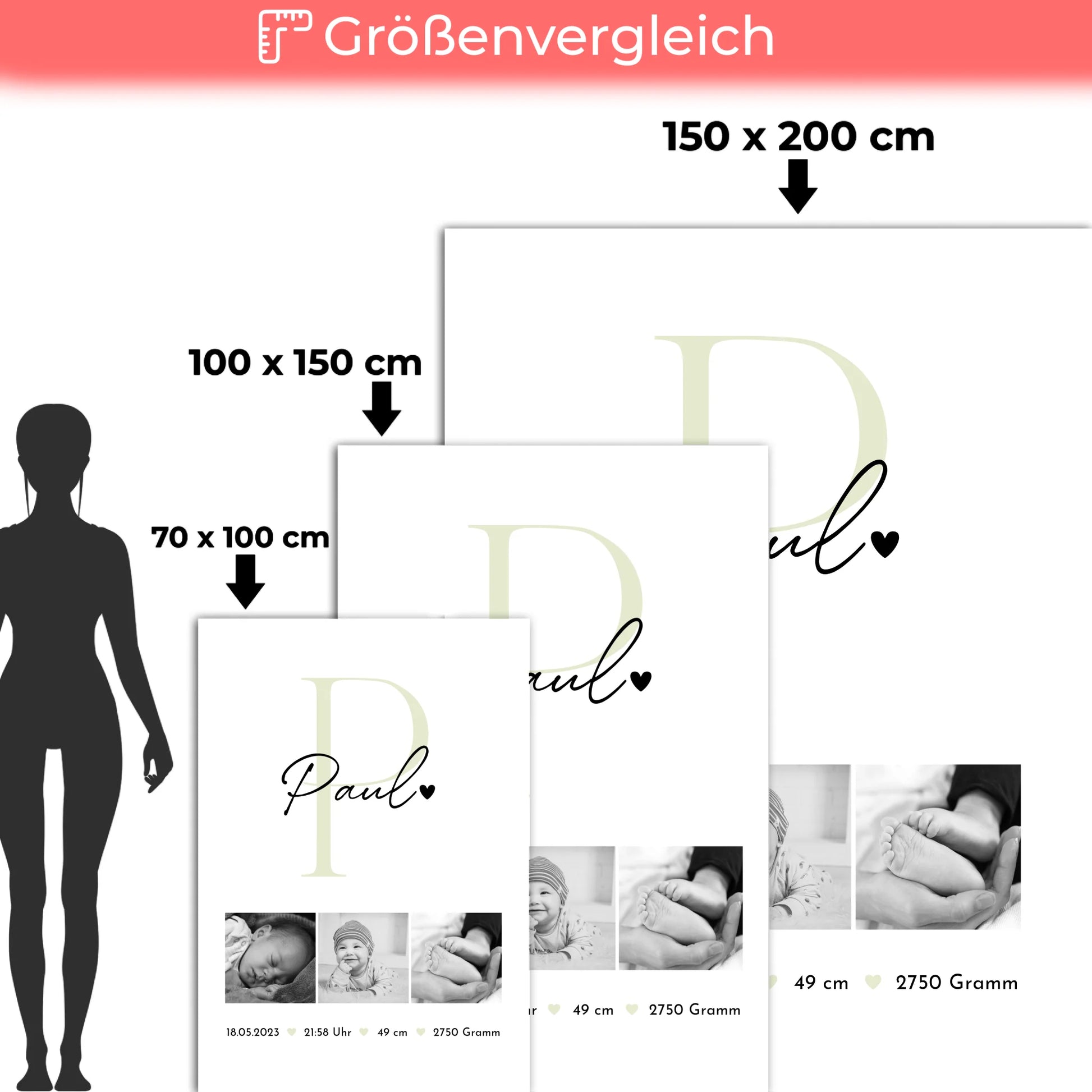 Babydecke zur Geburt mit Namen, Baby-Fotocollage und Geburtsdaten - Schwarz-Weiß-Design 5