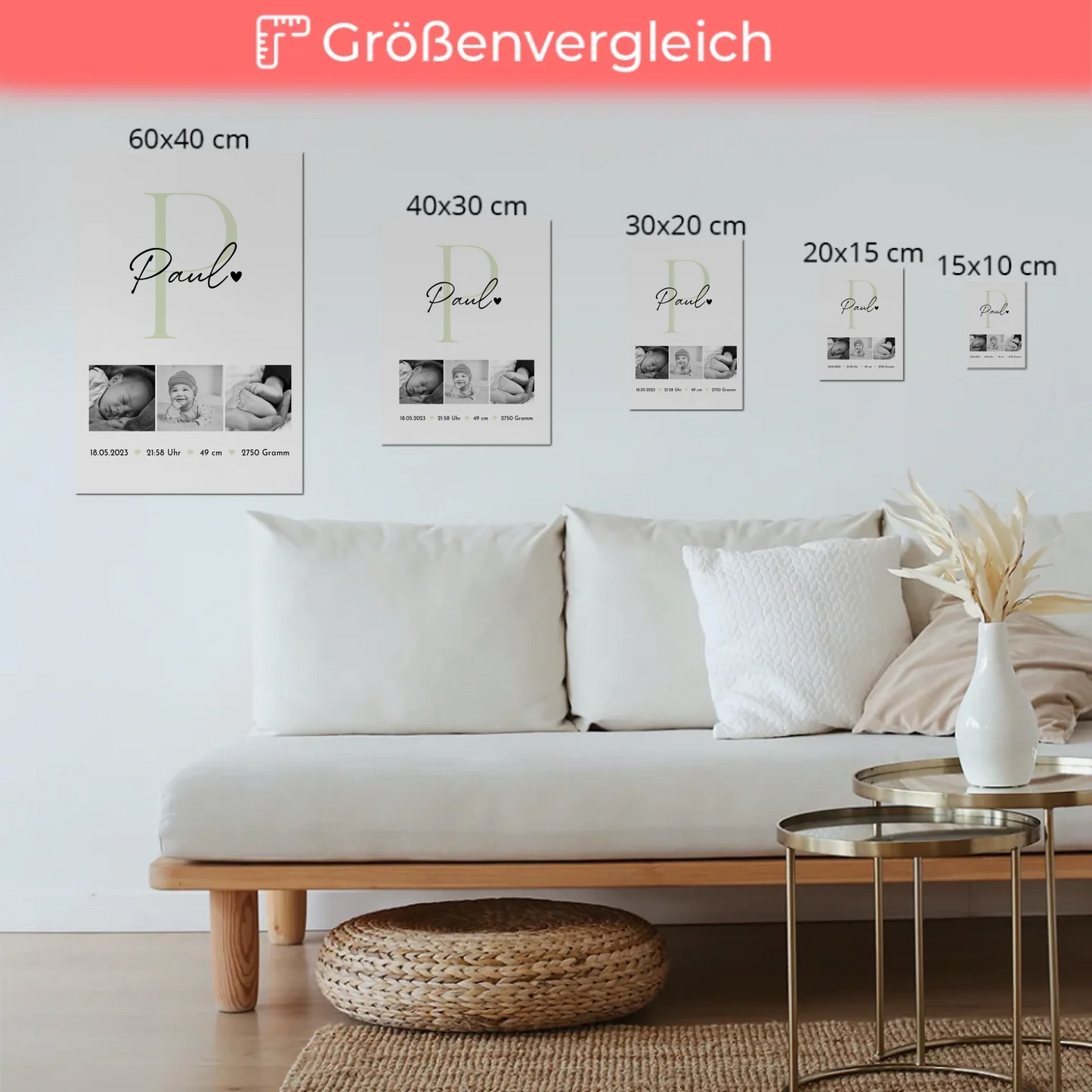 Magnetisches Fotoboard-Poster zur Geburt, Baby-Fotocollage mit Geburtsdaten im Black-and-White-Design