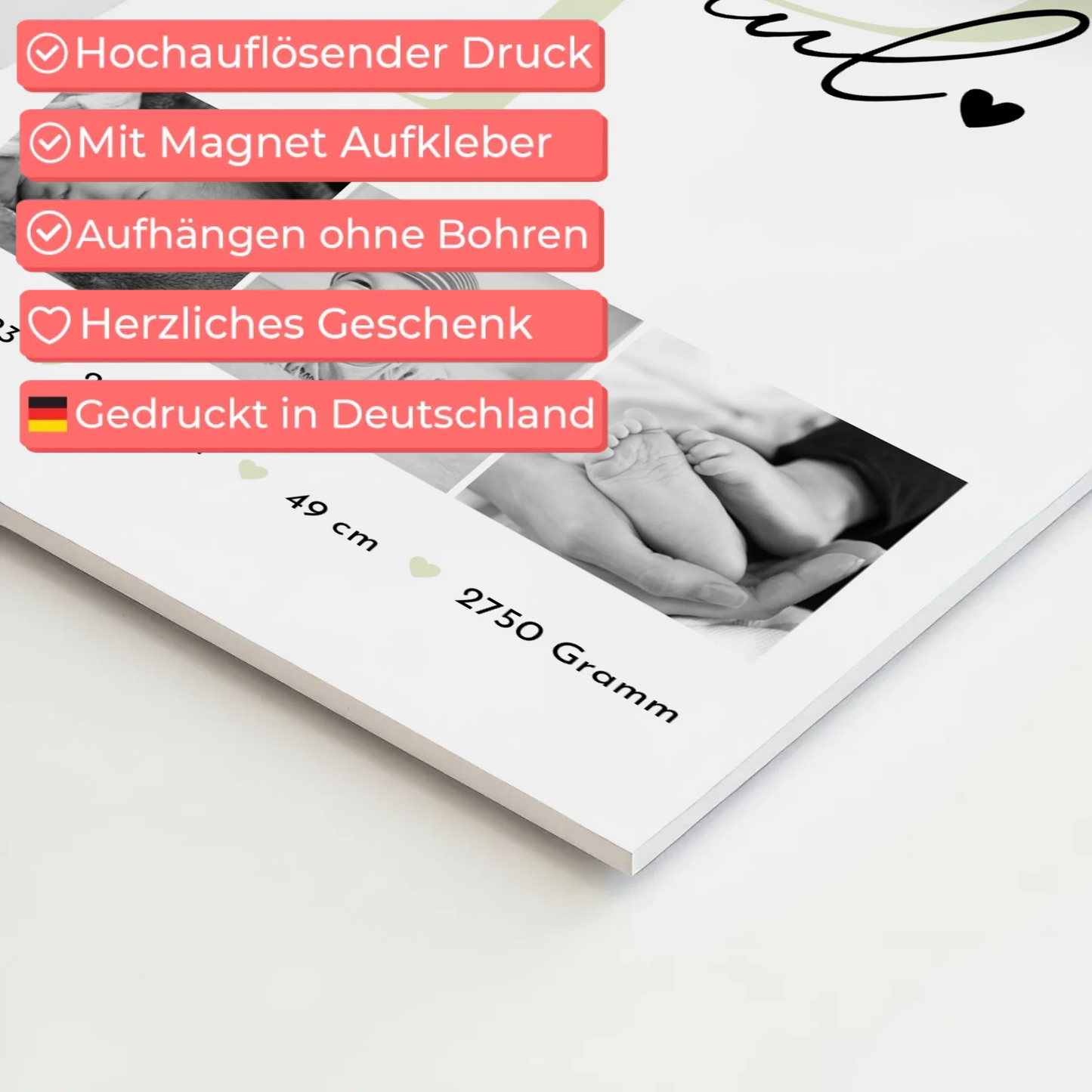 Magnetisches Fotoboard-Poster zur Geburt, Baby-Fotocollage mit Geburtsdaten im Black-and-White-Design