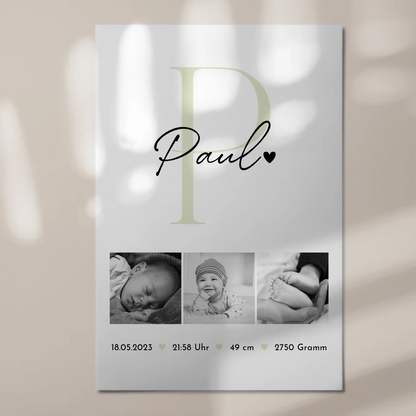 Magnetisches Fotoboard-Poster zur Geburt, Baby-Fotocollage mit Geburtsdaten im Black-and-White-Design