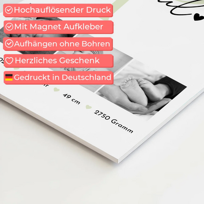 Magnetisches Fotoboard-Poster zur Geburt, Baby-Fotocollage mit Geburtsdaten im Black-and-White-Design